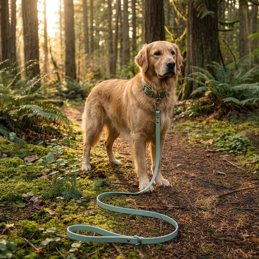 Golden retriever wearing a sage green biothane dog leash on a forest trail