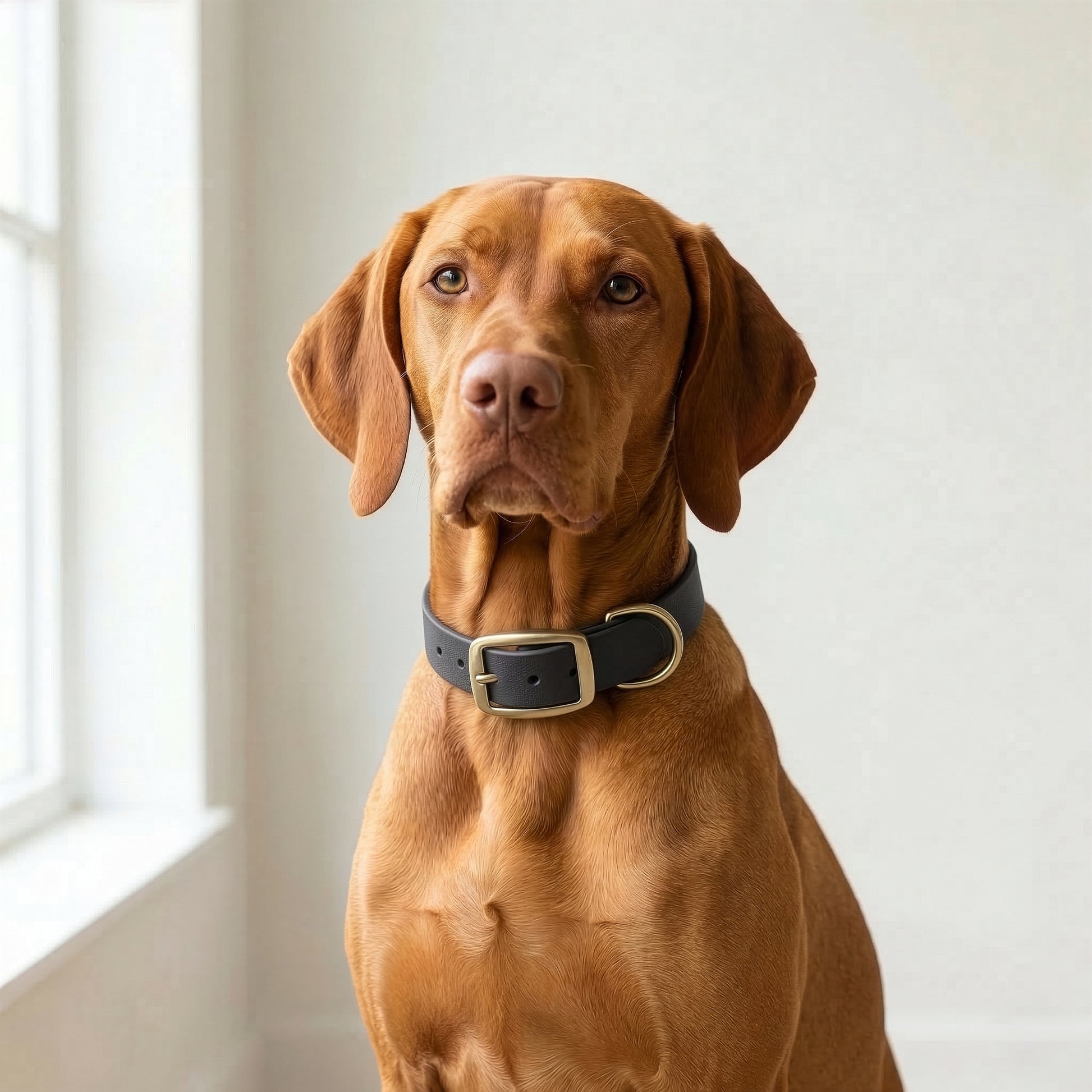 Dog wearing a black biothane dog collar sitting indoors by a window