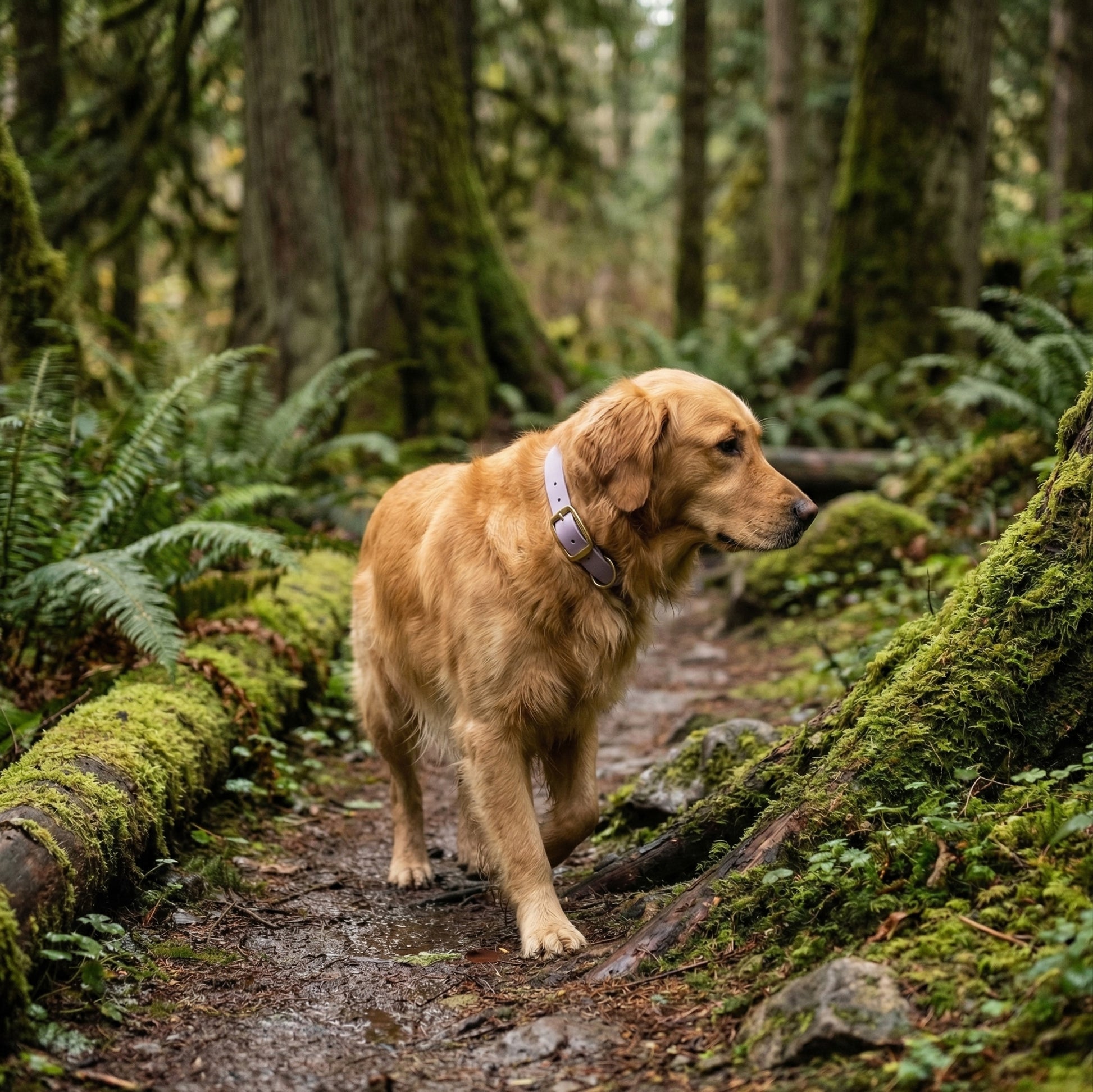 Golden retriever wearing a lavender biothane dog collar on a forest trail