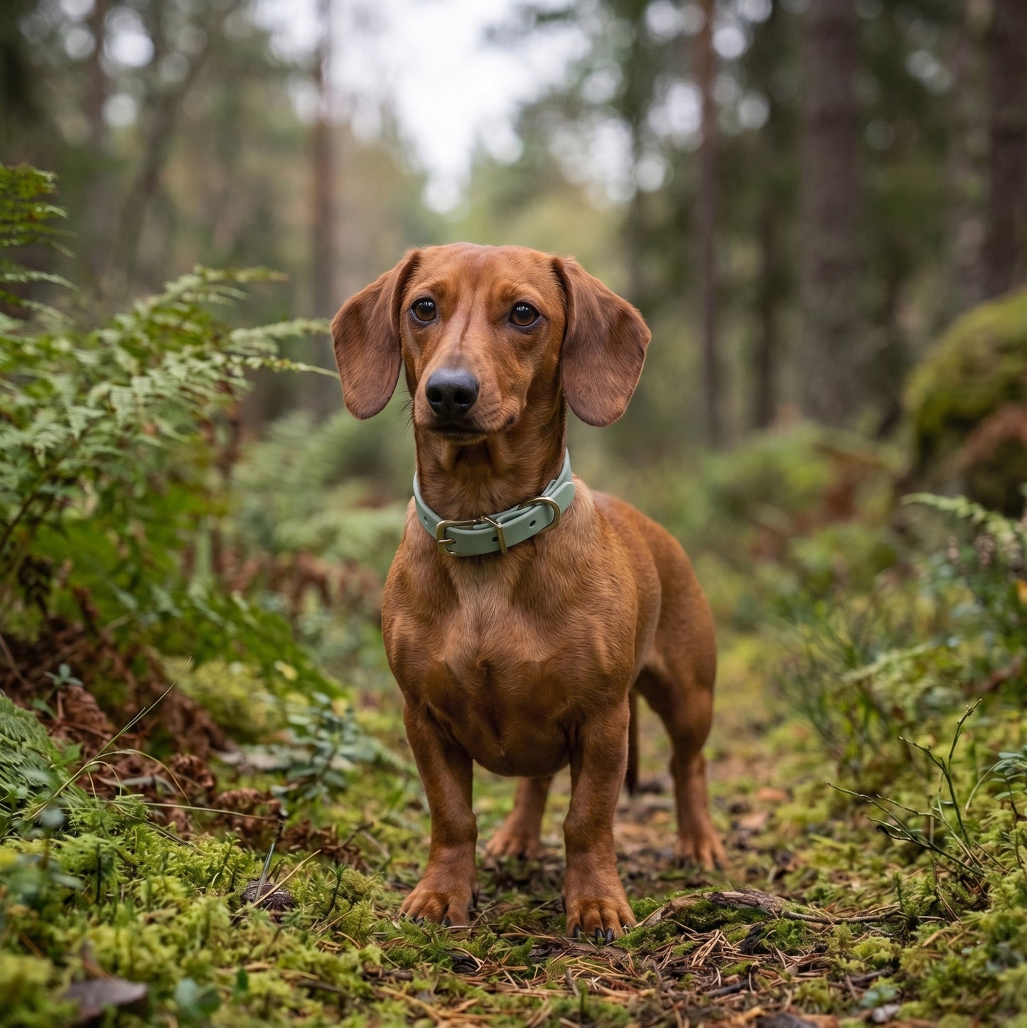 Dachshund wearing a sage green biothane dog collar standing on a forest path