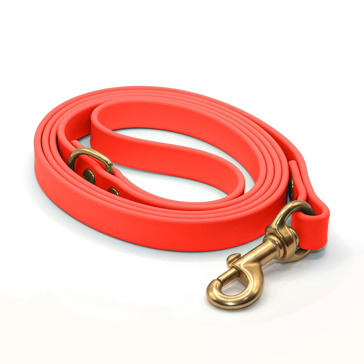 Neon Orange biothane dog leash with brass hardware on a white background