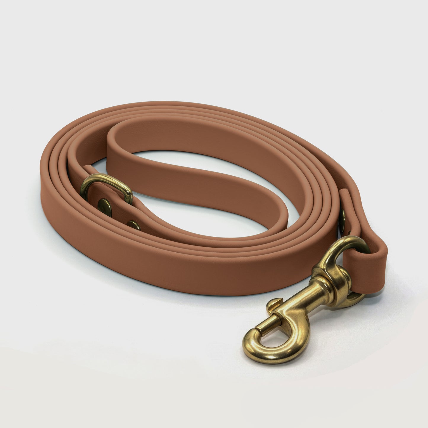 Tan biothane dog leash with brass hardware on a white background